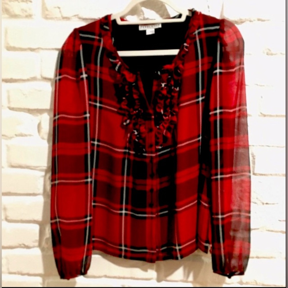 Pendleton Plaid Silk Blouse, Ruffles + Puff Shoulder, Blaid, Red, 6